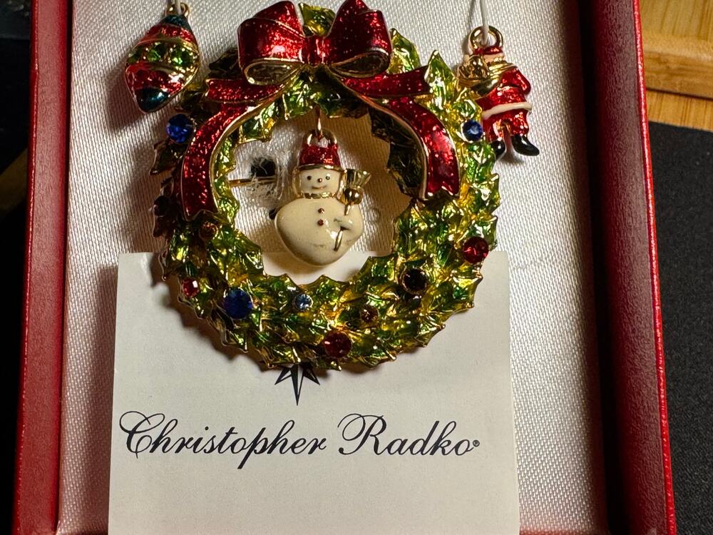 Vintage Christoper Radko Wreath Brooch w/ Snowman Charm